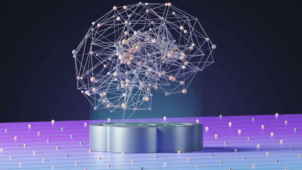 Abstrakte 3D-Kugel mit vernetzten Punkten und Linien symbolisiert KI-Bot zur Unterstützung bei Forschungsfragen